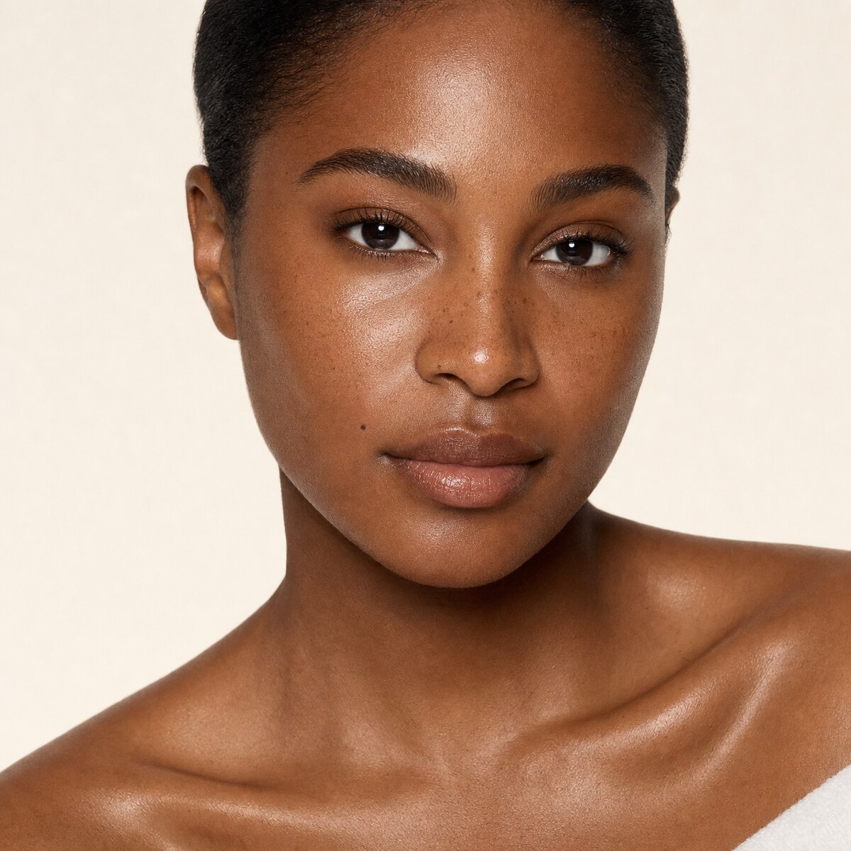 Portrait of a Black woman with clear, even, refined skin texture