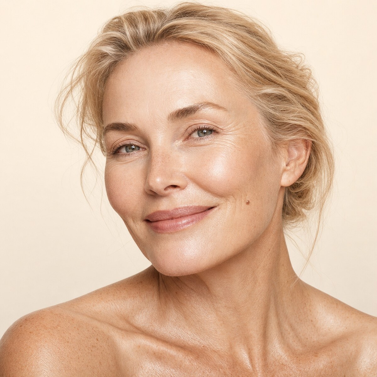 Portrait of a woman in her early fifties with a smooth, rested brow and naturally textured skin
