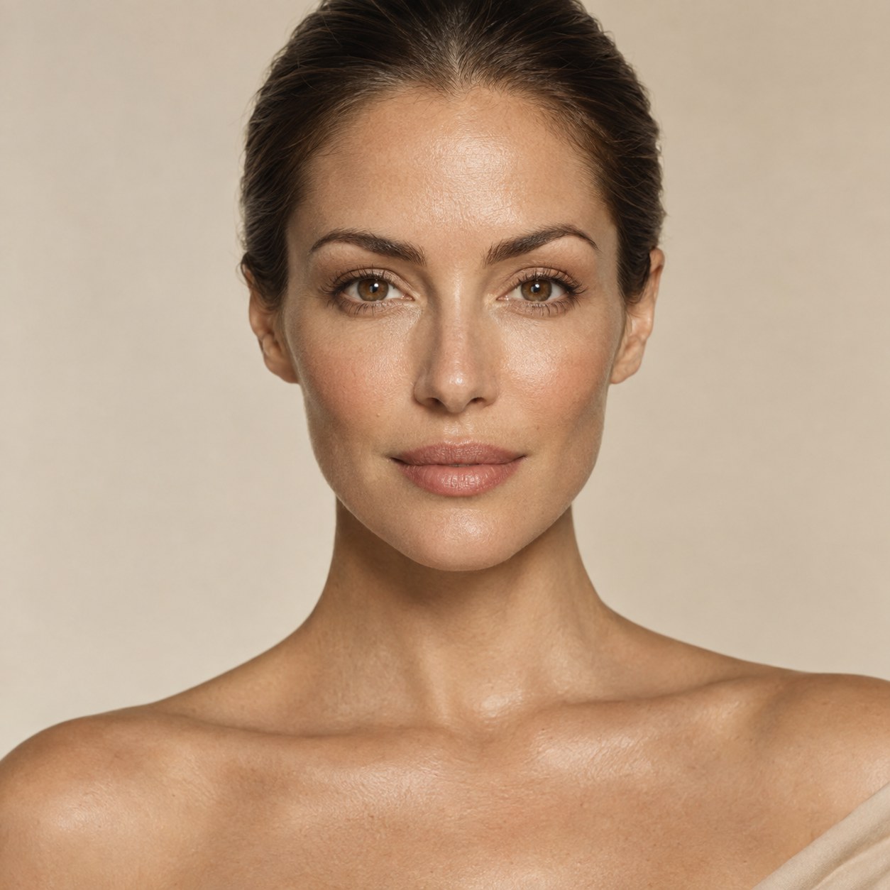 Editorial portrait of a woman with smooth, luminous skin and refined natural features