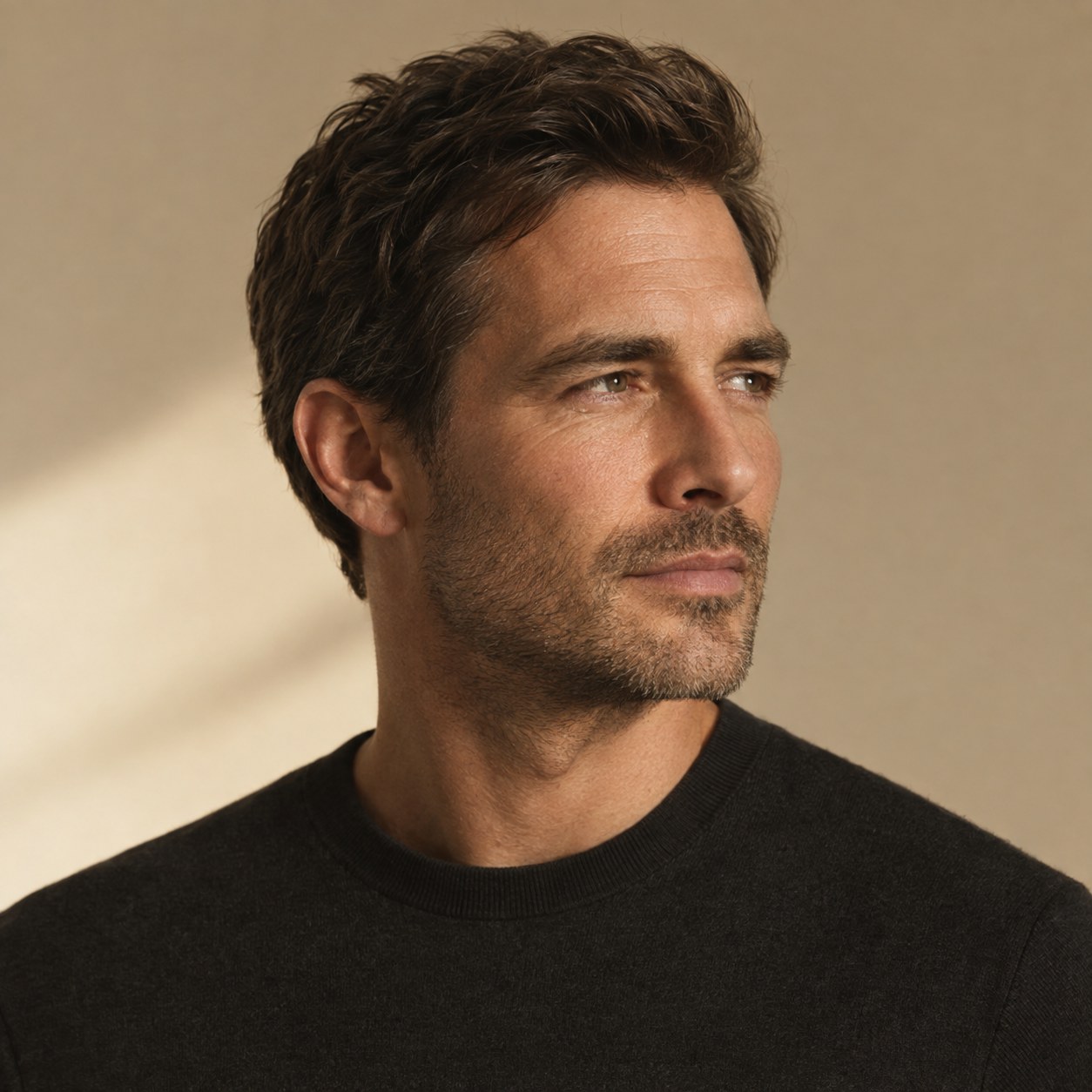 Editorial portrait of a man with medium-thick, healthy hair